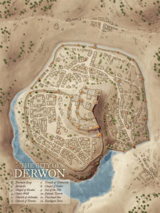Desert fantasy city map of Derwon by a river, with a central keep, winding roads, and district walls. Ideal for city-based adventures in arid settings, featuring ancient religions, local politics, and mystical traditions.