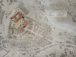 Fantasy town map of Cascanlezzo, a small riverside settlement with a central fortress, stables, and a church. Perfect for low-fantasy roleplaying, borderland adventures, or local feuds in a rural medieval region.