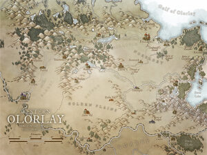 Fantasy political map of Western Olorlay, home to the clans of Ellisar, Erona, and Skiris. Mountain ranges, trade roads, and ancient cities form a backdrop for war campaigns, clan conflicts, or large-scale exploration.