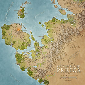 Epic coastal fantasy map of Broken Bay, featuring jagged mountain ridges, fertile green valleys, and ports. Excellent for high-seas campaigns, smuggler storylines, and treasure-hunting along mysterious shores.