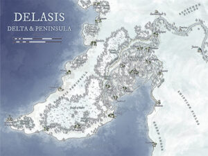 Snowy peninsula map of Delasis, filled with forested riverlands, ruins, and coastal towns. Great for arctic adventures, thawing kingdoms, and travel across delta waterways in frozen high-fantasy settings.