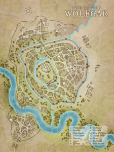 Alternate version of Wolfgar city map, featuring river moats, walled districts, and busy markets. Ideal for classic fantasy campaigns centered around city intrigue, defense strategy, and community storytelling.