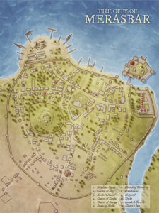 Coastal fantasy city of Merasbar featuring temples, gardens, and a fortified castle. Ideal for divine quests, port-side intrigue, or political drama in a sea-walled capital.