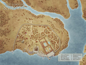 Island town map of Saskaar with palaces, temples, royal gardens, and a pyramid. Great for intrigue-heavy campaigns, tropical trade routes, or exotic religious storylines.