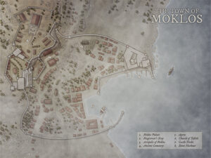 Frost-covered town of Moklos, showing icy docks, cliffside buildings, and coastal fortifications. Perfect for cold-climate mysteries, sea raids, or winter settlements in isolated regions.