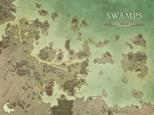 Fantasy regional map of the Swamps, filled with bog villages, ruins, and mysterious landmarks like Cosurch and Duwyn Keep. Perfect for dark fantasy campaigns, hidden secrets, or creature-infested marshland exploration.