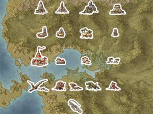 Fantasy map overlay sheet featuring city icons, jungle ruins, and monsters like wyverns and ogres. Perfect for customizing TTRPG maps or building dynamic campaign visuals.
