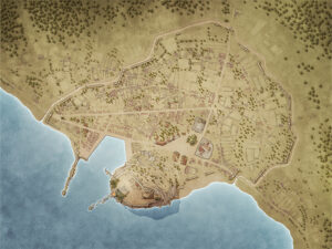 Fantasy city map of Sataren, built along coastal ridges and old cliffs, with multiple ports, temples, and walled sectors. Excellent for bustling trade quests, urban politics, or harbor-based adventures in ancient cities.