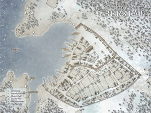 Snowy town map of Berstat with frozen docks, tight lanes, and a peaceful lakeside setting. Great for winter tales, fishing village plots, or seasonal trade stories.