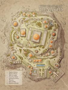 Fantasy mountaintop temple complex of Tanakos, with sacred domes, treasure halls, bathhouses, and shrines. Great for divine quests, ancient secrets, and pilgrim-based storylines in spiritual highlands.