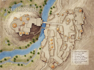 Fantasy location map of the Monastery of Porrengau, with twin settlement sections divided by a river bridge. Includes shrines, halls, and sacred relic points—great for divine quests or monk-centered campaigns.
