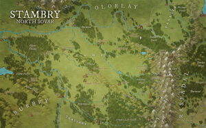 Fantasy regional map of Stambry in North Sovar, bordered by Trassary and Rasfadal. Forests, rivers, and scattered settlements make it ideal for frontier campaigns, wilderness survival, or political drama across ancient territories.