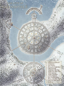 Fantasy city map of Calinestelë, a circular, snow-covered city with radiant symmetry. Features the Lighthouse, Palace of the Bridgekeeper, and the Temple of Aladon. Perfect for high-magic city adventures and celestial lore-based quests.