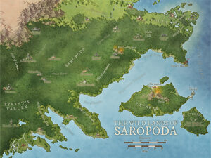 Wilderness fantasy map of Saropoda, a lush, untamed region filled with ruins, volcanic hills, and scattered settlements. Suited for exploration-heavy campaigns, dinosaur-ridden landscapes, or lost civilization arcs.
