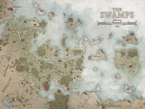 Faded color version of the swampy lowlands featuring flooded isles, murky waters, and scattered villages. Ideal for eerie explorations, undead encounters, or survival stories in decaying terrain.