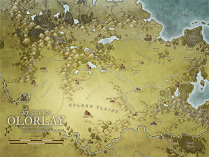 Fantasy highland map of Western Olorlay, dotted with scattered settlements, golden plains, and ancient forts. Excellent for nomadic tribes, shifting alliances, and borderland conquests.