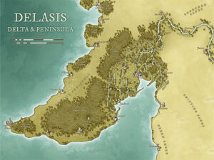 Sun-bleached version of the Delasis region, featuring marshland deltas, forests, and winding rivers. Perfect for survival journeys, river piracy, or floodplain-based intrigue.