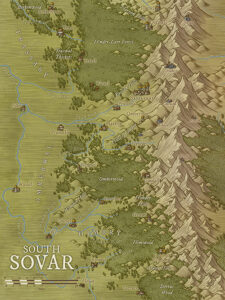 Political and topographic map of South Sovar with towns, forests, rivers, and the towering Himbery Mountains – designed for immersive worldbuilding.