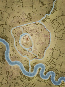 Unnamed fortress map featuring a citadel enclosed by concentric walls along a winding river. A great layout for siege scenarios, fortress infiltration, or noble stronghold politics.