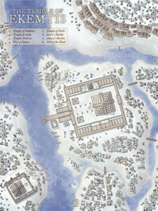 Winter-themed map of the Temple of Ekemtis, a sacred ziggurat surrounded by icy waters and scattered shrines. Perfect for divine pilgrimages, frozen mysteries, and ancient faith quests.