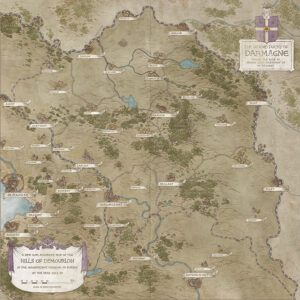 Detailed regional map of Demourlon, featuring hills, lakes, and forested valleys within the Grand Duchy of Darmagne. Excellent for political campaigns, long-distance travel arcs, and regional rivalries.