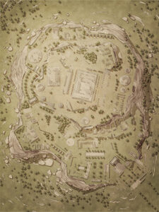 Mystery hilltop settlement with multi-tiered ruins and concentric structures. Perfect for ancient mystery scenarios, cursed excavation sites, or forgotten civilizations.