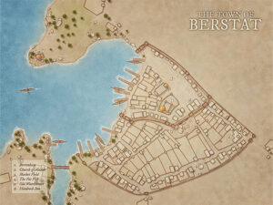 Dry season version of Berstat, a compact port town with ships, shops, and sunlit docks. Suited for coastal trading campaigns, low fantasy intrigue, or dockside mysteries.
