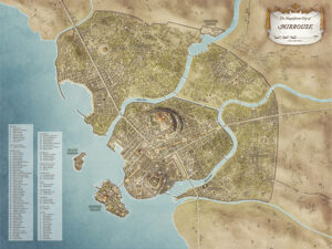 Expansive fantasy city map of Mirrouse, featuring a royal citadel, harbors, and dense urban districts. Perfect for political intrigue, noble houses, and sprawling capital adventures.