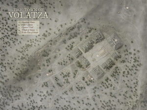 Dusty, desolate map of Volatza with temple ruins and sparse vegetation. Excellent for post-apocalyptic quests, desert wanderers, or ancient mysteries hidden in forgotten wastelands.