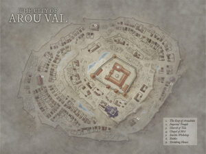 Stone-clad mountaintop city centered on a divine temple and keep, surrounded by fortified rings. Ideal for religious politics, holy wars, or prophecy-driven urban campaigns.