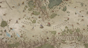 Expansive regional fantasy map of the Great Vale, filled with diverse kingdoms, forest realms, and ancient mountains. Ideal for epic travel sagas, clan rivalries, and valley-based kingdoms.