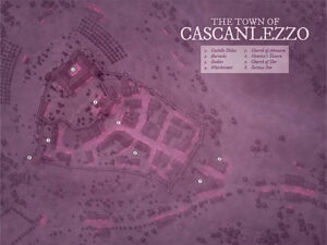 Moody night-themed version of Cascanlezzo, a walled town lit by mysterious glows. Great for nocturnal adventures, secret societies, or supernatural occurrences under cover of darkness.