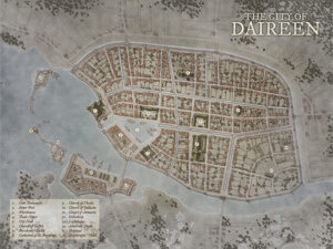 Fantasy city map of Daireen, a bustling riverside port with wide boulevards, harbors, and guildhalls. Ideal for intrigue-heavy campaigns, political drama, or mercantile adventures in a structured urban setting.