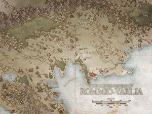 Historical fantasy map of Rommio-Varlia, depicting ancient kingdoms, mountain passes, and trade routes. Ideal for political intrigue, royal legacies, and kingdom-building campaigns.