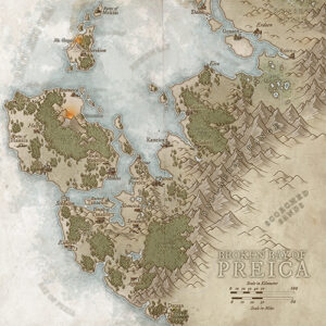 Detailed coastal region map of Preica, split by jagged mountains and lush forests. Perfect for frontier exploration, resource-rich regions, or bay-side strongholds.