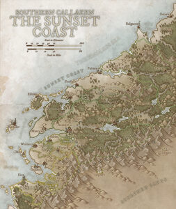 Verdant coastal map of the Sunset Coast, rich with forest trails, cliffside towns, and ancient ruins. Great for merchant guilds, naval warfare, or enchanted wilderness stories.