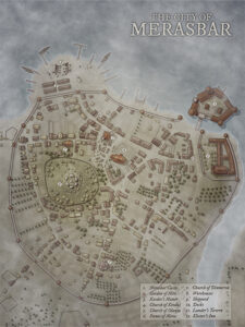 Overcast version of Merasbar, a fortified city with a harbor, grand temple, and castle. Suited for grimdark narratives, coastal invasions, or city intrigue campaigns.
