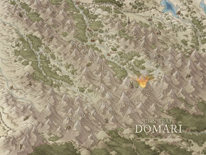 Mountain region map of Central Domari, showcasing the rugged Domart Mountains and Raelmar Range. Ideal for high fantasy campaigns with perilous mountain treks, dragon lairs, and hidden fortresses.