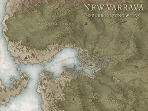 Fantasy frontier map of New Varrava, featuring jungles, swamps, ruins, and beast-infested territories. Great for colonial outpost stories, lost temples, and survival quests in untamed wilderness.