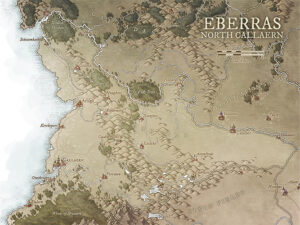 Mountain region map of Eberras in North Callaern, showing rugged terrain, ancient keeps, and scattered settlements. Ideal for frontier campaigns, mountain treks, or clan conflicts on the edge of civilization.