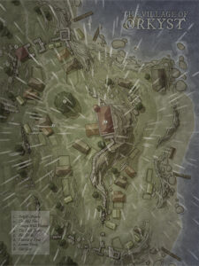 Storm-battered coastal village map of Orkyst, perched on cliffs above crashing waves. Perfect for shipwreck adventures, sea spirit hauntings, or weather-beaten outpost campaigns.