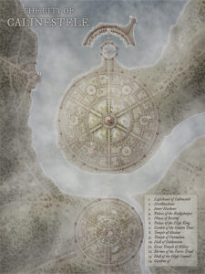 Majestic circular city map of Calinestelë, with harbors, temples, and a radiant central spire. Ideal for high-fantasy capitals, divine politics, and urban drama in an elven-inspired metropolis.