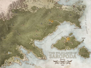 Grimmer edition of Saropoda, a dense wilderness map with beast-haunted mountains and scattered ruins. Designed for survival campaigns, lost tribes, and dangerous jungle expeditions.