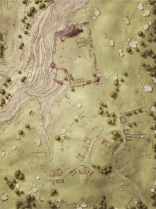 Abandoned village map nestled among grassy hills and a dry riverbed, with partially collapsed buildings and scattered ruins. Great for post-apocalyptic fantasy, mystery exploration, or reclaiming ancient lands.