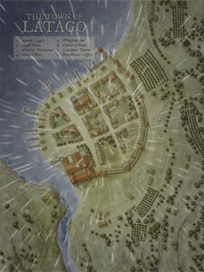 Rainy coastal town map of Latago, fortified with stone walls and bustling docklands. Excellent for seaborne conflicts, pirate raids, or storm-ridden trade hubs in fantasy adventures.