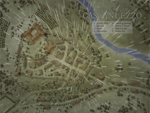 Storm-themed village map of Cascanlezzo, with farmlands, churches, and strategic watchpoints. Ideal for natural disaster storytelling, village defense encounters, or rustic drama.