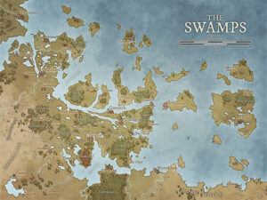 Expansive fantasy map of the Swamps, filled with marshlands, rivers, and forgotten towns. Designed for survival stories, hidden relics, and fog-shrouded journeys through wetland dangers.