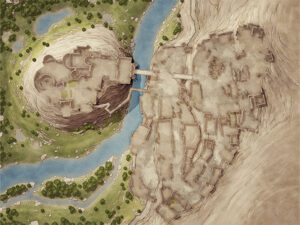 Split fantasy settlement map straddling a deep river gorge, with cliffside buildings and rope bridges. Great for rebel hideouts, divided communities, or perilous crossings.