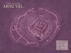 Night-themed version of Arou Val, a tiered fantasy city with temples, halls, and forges. Perfect for secret plots, divine intrigue, or moonlit urban quests.