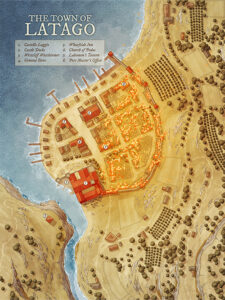 Fantasy town map of Latago ablaze, with flames consuming the coastal streets. Great for siege scenarios, invasion storylines, or high-tension escapes during catastrophic events.